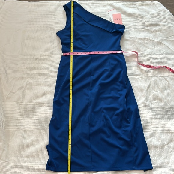 JJs House Pleated One Shoulder Sheath/Column Asymmetrical Cocktail Dress Blue - Picture 14 of 16